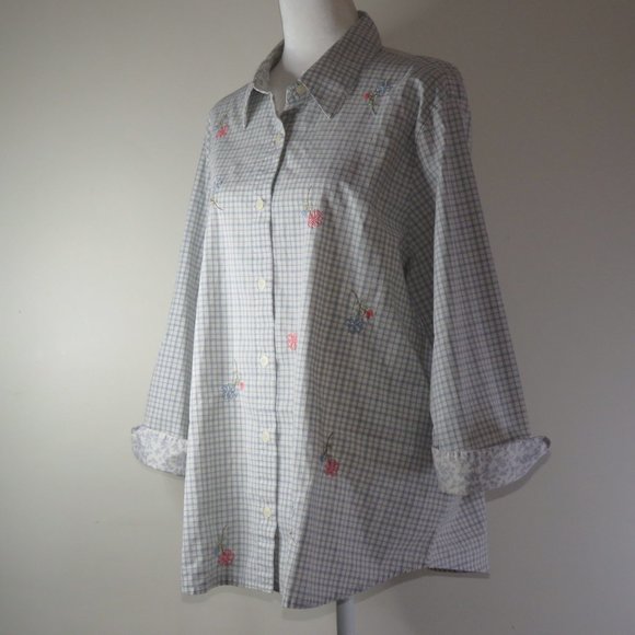 Alfred Dunner Women's Embroidered Floral Grid Button-Down Top Size 16W (C569) - Picture 4 of 6